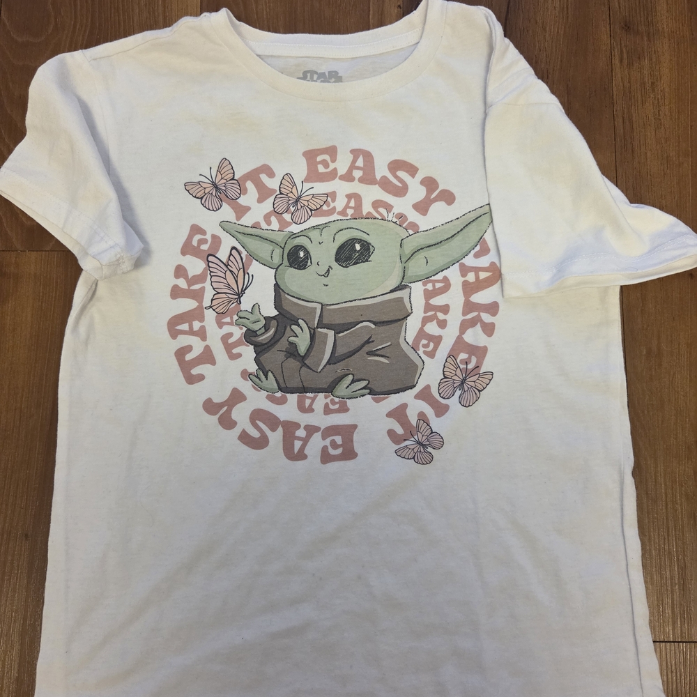 Star Wars White Tee with Green Character and Pink Butterflies